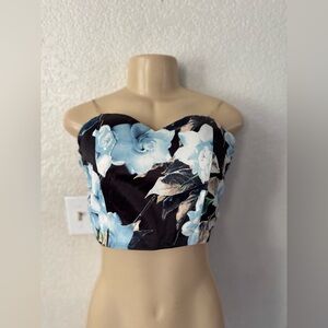 OOTDFash Black and Blue Floral Crop Top tube sexy self tie y2k
